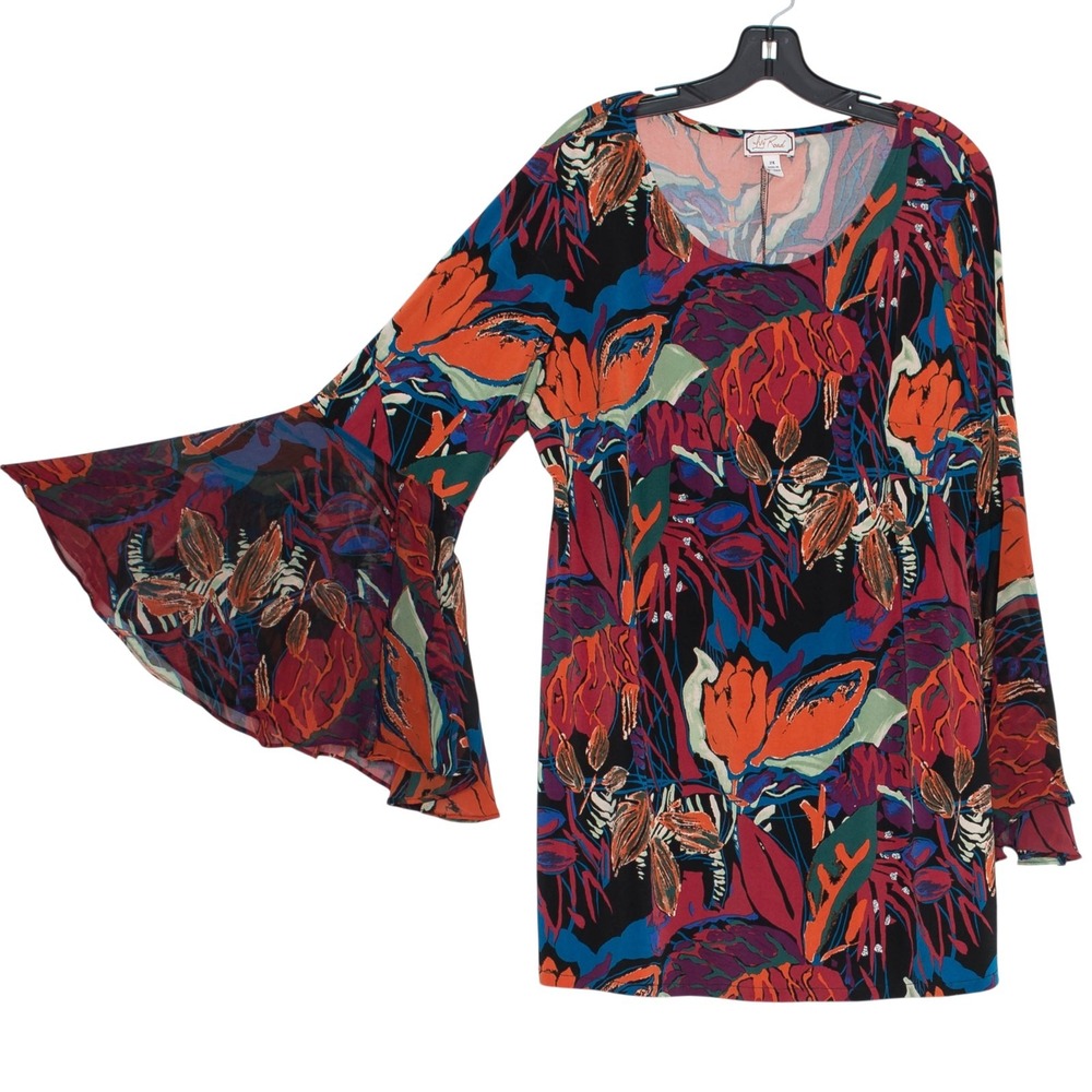 Tunic‎ Top Boho Floral Bell Sleeve Festival Maximalist Tropical 70s Plus Size 2X